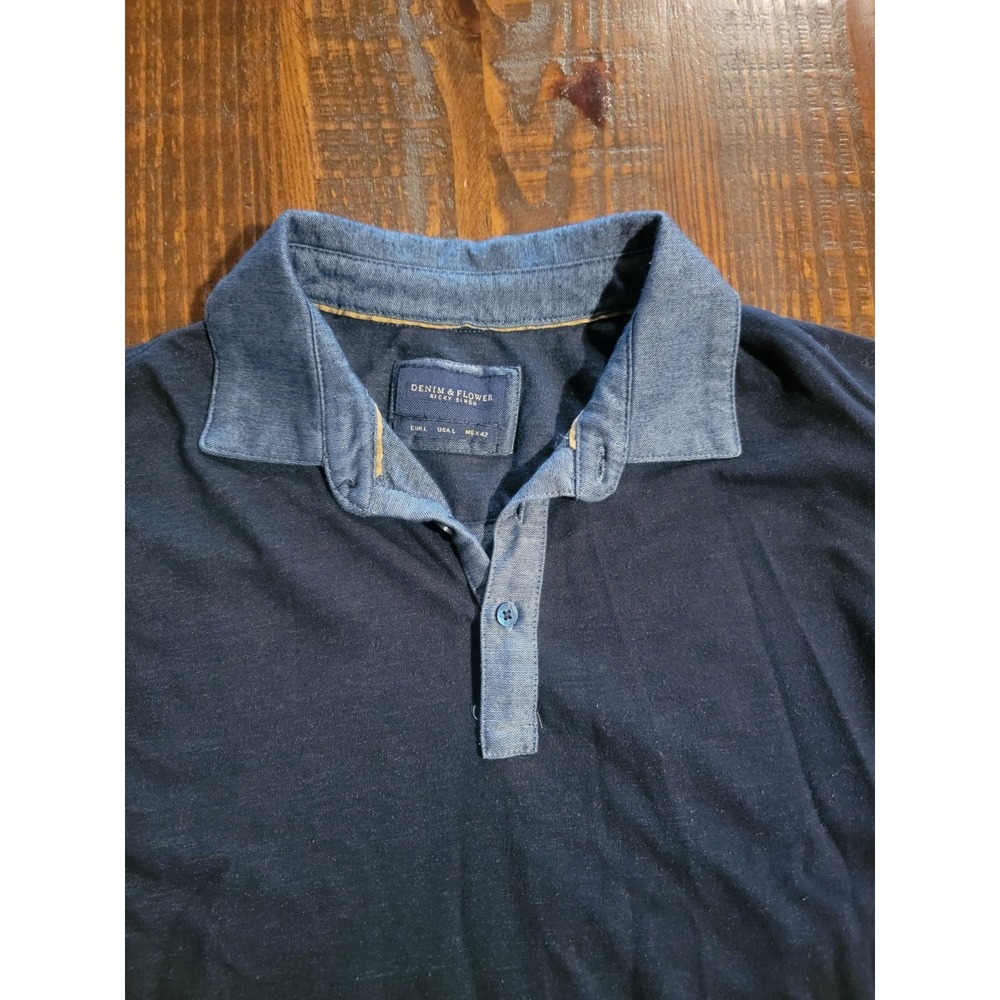 Denim & Flower Ricky Singh Mens Large Polo Blue w/ contrasting Collar And Sleeve